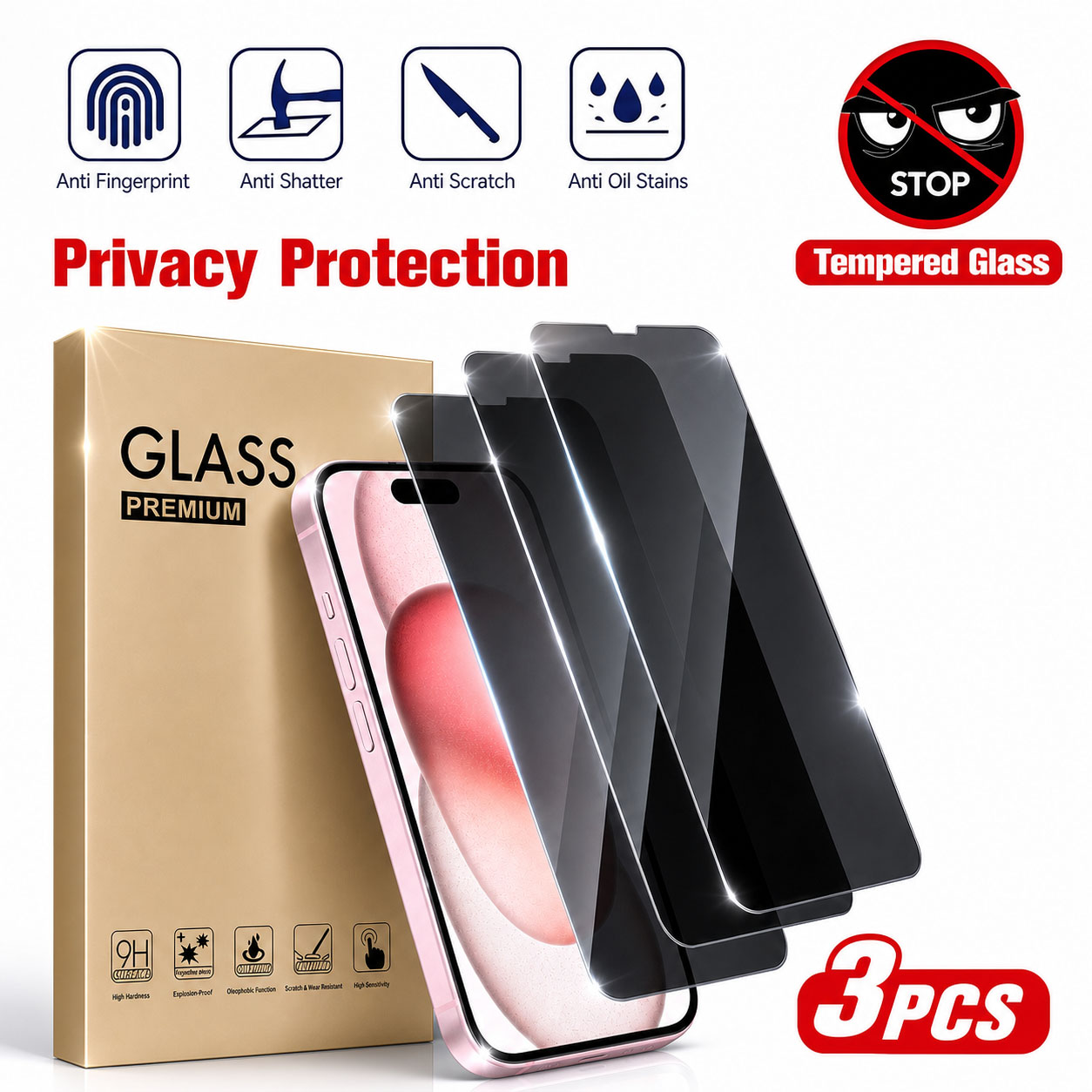 Anti Spy Privacy Glass Case - 3pcs Privacy Screen Protector, Compatible With