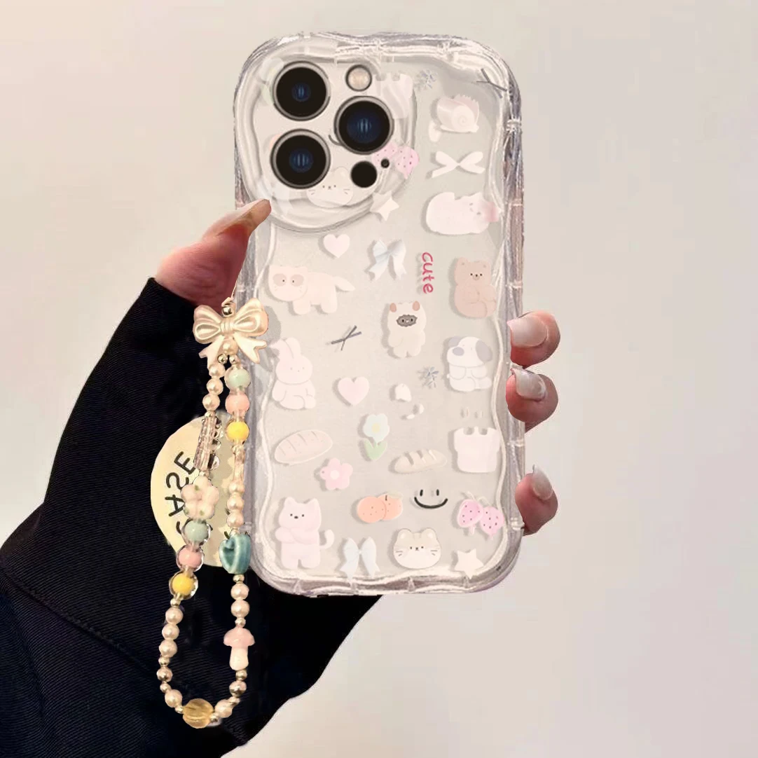 Cute Cartoon Wrist Strap Silicone Case - Cute Cat Bow Wrist Chain Case