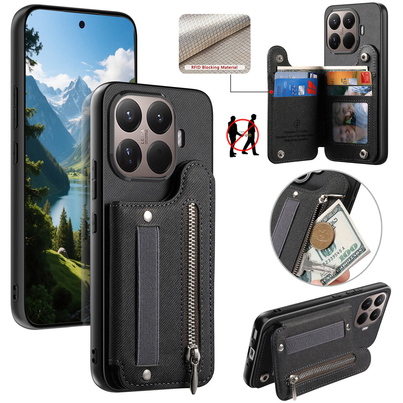 Leather Wallet Card Holder Phone Cover - RFID Wrist Strap Zipper Wallet Leather