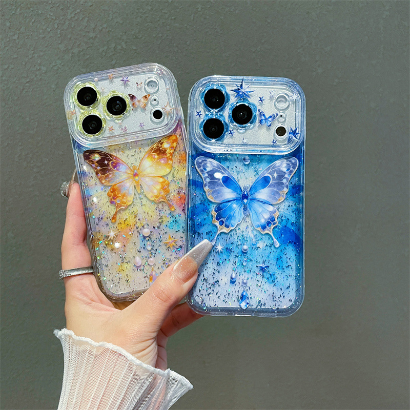 Clear Shockproof Bumper Case - Luxury Colorful Sequins Butterfly Pattern Glitter